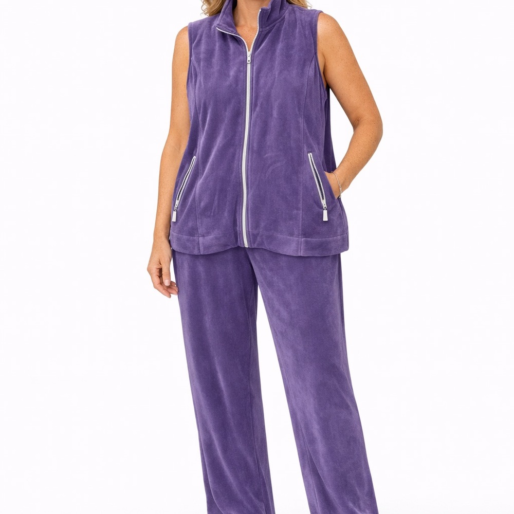 Purple Velour Tracksuit Set. 1X. Zip Vest & Pants Cozy Lounge Athleisure